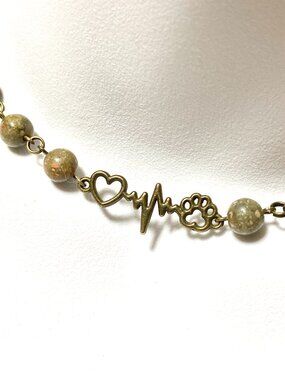 Earthy Unakite Short Necklace, Gemstone & Bronze Paw Print Heart Beat Charm